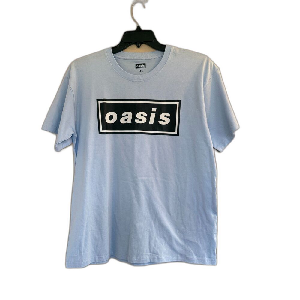 Oasis Band T-Shirt Light Blue XL Box Logo Britpop Rock Graphic Tee
